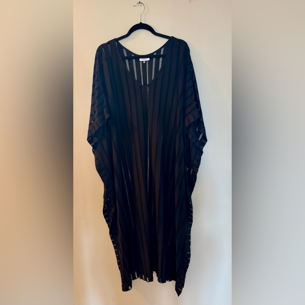 Calvin Klein Black Sheer Striped Swim Cover-Up Kaftan